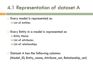 4.1 Representation of dataset A
7



Every model is represented as




List of entities

Every Entity in a model is represented as
Entity Name
 List of attributes
 List of relationships




Dataset A has the following columns:
(Model_ID, Entity_name, Attribute_set, Relationship_set)

 