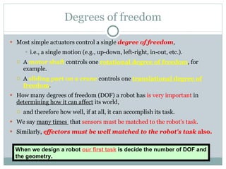 Degrees of freedom Most simple actuators control a single  degree of freedom ,  i.e., a single motion (e.g., up-down, left-right, in-out, etc.).  A   motor shaft   controls one  rotational degree of freedom , for example.  A   sliding part on a crane  controls one  translational degree of freedom .   How many degrees of freedom (DOF) a robot has  is very important  in  determining how it can affect  its world,  and therefore how well, if at all, it can accomplish its task.  We say  many times  that  sensors must be matched to the robot's task. Similarly,  effectors must be well matched to the robot's task  also. When we design a robot  our first task  is decide the number of DOF and the geometry. 