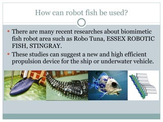 How can robot fish be used? There are many recent researches about biomimetic fish robot area such as Robo Tuna,   ESSEX ROBOTIC FISH,   STINGRAY. These studies can suggest a new and high efficient propulsion device for the ship or underwater vehicle. 