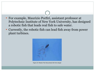 For example, Maurizio Porfiri, assistant professor at Polytechnic Institute of New York University, has designed a robotic fish that leads real fish to safe water. Currently, the robotic fish can lead fish away from power plant turbines. Figure 2 3:  Robotic Fish that protects fish from danger 