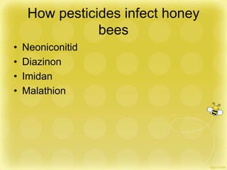 How pesticides infect honey
bees
• Neoniconitid
• Diazinon
• Imidan
• Malathion
 
