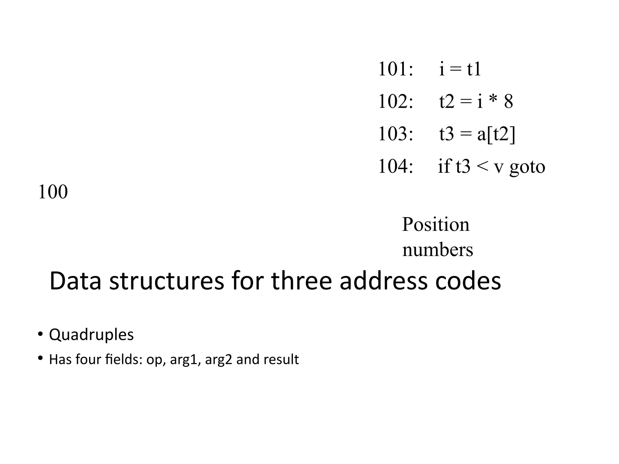101: i = t1
102: t2 = i * 8
103: t3 = a[t2]
104: if t3 < v goto
100
Position
numbers
Data structures for three address codes
• Quadruples
• Has four fields: op, arg1, arg2 and result
 