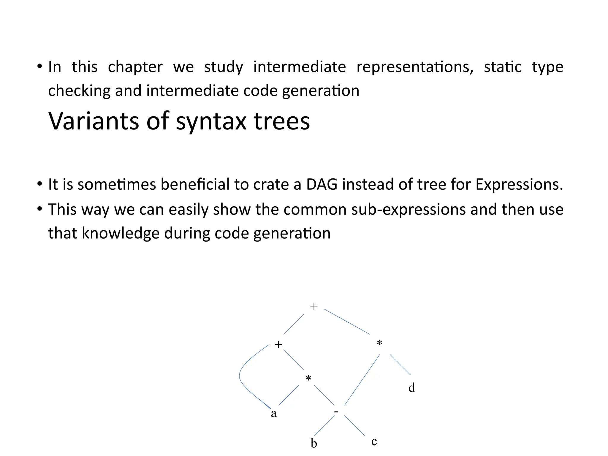 • In this chapter we study intermediate representations, static type
checking and intermediate code generation
Variants of syntax trees
• It is sometimes beneficial to crate a DAG instead of tree for Expressions.
• This way we can easily show the common sub-expressions and then use
that knowledge during code generation
+
+ *
*
-
b c
a
d
 