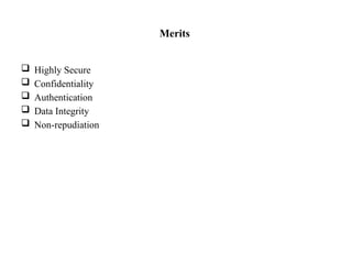 Merits
 Highly Secure
 Confidentiality
 Authentication
 Data Integrity
 Non-repudiation
 