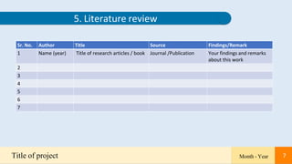 7
5. Literature review
Sr. No. Author Title Source Findings/Remark
1 Name (year) Title of research articles / book Journal /Publication Your findings and remarks
about this work
2
3
4
5
6
7
Title of project Month - Year 7
 