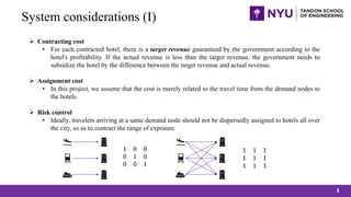 System considerations (I)
? Contracting cost
? For each contracted hotel, there is a target revenue guaranteed by the government according to the
hotel's profitability. If the actual revenue is less than the target revenue, the government needs to
subsidize the hotel by the difference between the target revenue and actual revenue.
? Assignment cost
? In this project, we assume that the cost is merely related to the travel time from the demand nodes to
the hotels.
? Risk control
? Ideally, travelers arriving at a same demand node should not be dispersedly assigned to hotels all over
the city, so as to contract the range of exposure.
1 0 0
0 1 0
0 0 1
1 1 1
1 1 1
1 1 1
3
 