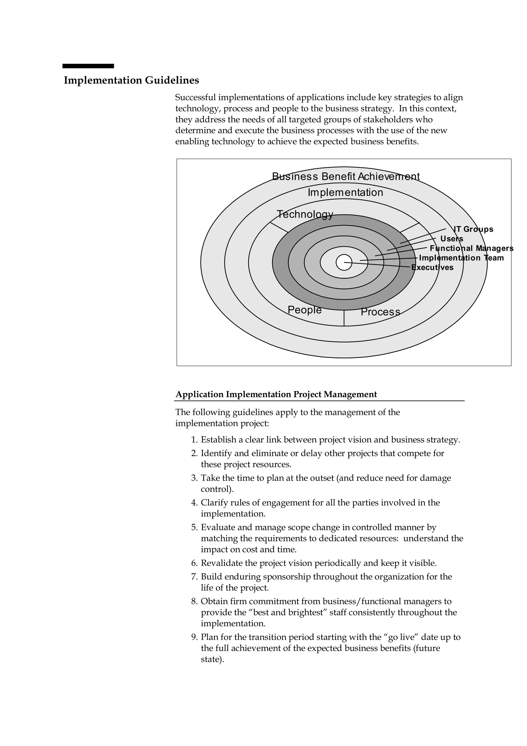 Implementation Guidelines
                    Successful implementations of applications include key strategies to align
                    technology, process and people to the business strategy. In this context,
                    they address the needs of all targeted groups of stakeholders who
                    determine and execute the business processes with the use of the new
                    enabling technology to achieve the expected business benefits.



                                             Business Benefit Achievement
                                                   Implementation

                                              Technology
                                                                                             IT Groups
                                                                                          Users
                                                                                       Functional Managers
                                                                                     Implementation Team
                                                                                   Executives




                                                 People              Process




                    Application Implementation Project Management

                    The following guidelines apply to the management of the
                    implementation project:
                        1. Establish a clear link between project vision and business strategy.
                        2. Identify and eliminate or delay other projects that compete for
                           these project resources.
                        3. Take the time to plan at the outset (and reduce need for damage
                           control).
                        4. Clarify rules of engagement for all the parties involved in the
                           implementation.
                        5. Evaluate and manage scope change in controlled manner by
                           matching the requirements to dedicated resources: understand the
                           impact on cost and time.
                        6. Revalidate the project vision periodically and keep it visible.
                        7. Build enduring sponsorship throughout the organization for the
                           life of the project.
                        8. Obtain firm commitment from business/functional managers to
                           provide the “best and brightest” staff consistently throughout the
                           implementation.
                        9. Plan for the transition period starting with the “go live” date up to
                           the full achievement of the expected business benefits (future
                           state).
 