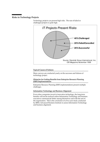 Risks in Technology Projects
                      Technology projects can present high risks. The rate of failed or
                      challenged projects is quite high.


                                  IT Projects Present Risks


                                                                              46% Challenged

                                                                              28% Failed/Cancelled

                                                                              26% Successful




                                                              Source: Standish Group International, Inc.
                                                                  CIO Magazine, November 1998



                      Typical Causes of Failures
                      Many surveys are conducted yearly on the successes and failures of
                      technology project.

                      Obstacles for Getting Benefits from Enterprise Resource Planning
                      (ERP) Implementations
                      Enterprise Resource Planning (ERP) implementations present multiple
                      challenges.

                      Information Technology and Business Alignment

                      Even when companies invest in innovative technology, the long-term
                      benefits will not be realized unless Information Technology and business
                      executives communicate better among themselves and with the rest of
                      the organization. This is the conclusion of a five-year study conducted
                      by IBM's Advanced Business Institute to assess Information Technology
                      and business alignment.
 