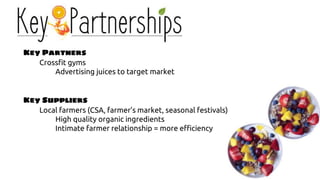 Key Partners
Crossfit gyms
Advertising juices to target market
Key Suppliers
Local farmers (CSA, farmer’s market, seasonal festivals)
High quality organic ingredients
Intimate farmer relationship = more efficiency
 