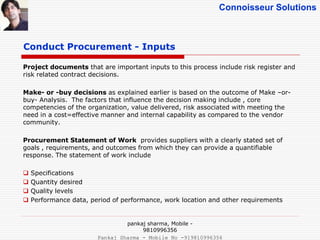 Connoisseur Solutions
Project documents that are important inputs to this process include risk register and
risk related contract decisions.
Make- or -buy decisions as explained earlier is based on the outcome of Make –or-
buy- Analysis. The factors that influence the decision making include , core
competencies of the organization, value delivered, risk associated with meeting the
need in a cost=effective manner and internal capability as compared to the vendor
community.
Procurement Statement of Work provides suppliers with a clearly stated set of
goals , requirements, and outcomes from which they can provide a quantifiable
response. The statement of work include
 Specifications
 Quantity desired
 Quality levels
 Performance data, period of performance, work location and other requirements
Conduct Procurement - Inputs
pankaj sharma, Mobile -
9810996356
Pankaj Sharma - Mobile No -919810996356
 