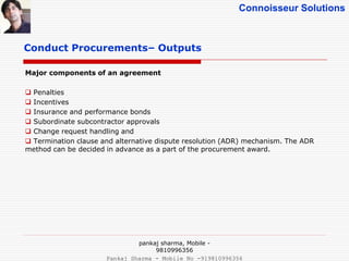 Connoisseur Solutions
Conduct Procurements– Outputs
Major components of an agreement
 Penalties
 Incentives
 Insurance and performance bonds
 Subordinate subcontractor approvals
 Change request handling and
 Termination clause and alternative dispute resolution (ADR) mechanism. The ADR
method can be decided in advance as a part of the procurement award.
pankaj sharma, Mobile -
9810996356
Pankaj Sharma - Mobile No -919810996356
 