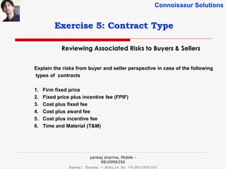 Connoisseur Solutions
Reviewing Associated Risks to Buyers & Sellers
Exercise 5: Contract Type
Explain the risks from buyer and seller perspective in case of the following
types of contracts
1. Firm fixed price
2. Fixed price plus incentive fee (FPIF)
3. Cost plus fixed fee
4. Cost plus award fee
5. Cost plus incentive fee
6. Time and Material (T&M)
pankaj sharma, Mobile -
9810996356
Pankaj Sharma - Mobile No -919810996356
 