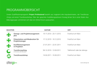 PROGRAMMÜBERSICHT
Unsere Qualifikationsprogramm Project Professional besteht aus insgesamt drei Impulsseminaren, vier Transfercoa-
chings und einem Transferworkshop. Über den gesamten Ausbildungszeitraum hinweg lernen Sie in einer festen Aus-
bildungsgruppe und können sich über ein Online-Forum austauschen.




BAUSTEIN                                           DATUM                           ORT

         Change- und Projektmanagement           19.11.2010 - 20.11.2010           Frankfurt am Main
         plus

         Präsentation und Moderation für         17.12.2010 - 18.12.2010           Frankfurt am Main
         Projektmanager

         Konfliktmanagement                      21.01.2011 - 22.01.2011           Frankfurt am Main
         in Projekten

         Transfercoaching                        06.12.2010 - 13.04.2011           Telefonisch oder bei attengo
         (4 Termine á 90 Minuten)


         Transferworkshop                        14.04.2011 - 16.04.2011           Frankfurt am Main



                                                                                                       www.attengo.de
 