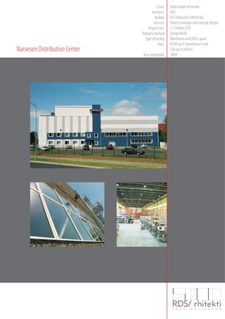 Industrialais Terminals
                                          Client
                                                    ACG
                                       Architect
                                                    A/S Kalnozols Celtniecba
                                         Builder
                                                    Project manager and concept design
                                        Services
                                                    1.7 million USD
                                    Project cost
                                                    Design Build
                               Delivery method
                                                    Warehouse and office space
                                 Type of facility
                                                    4 930 sq.m (warehouse) and
                                           Area
Narvesen Distribution Center                        556 sq.m (office)
                                                    2004
                               Year completed
 