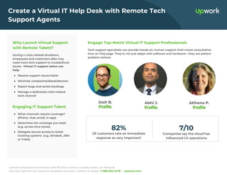 Upwork empowers businesses with flexible access to quality talent, on demand.
See how Upwork can help your business succeed. Contact us today: +1 866.262.4478 | upwork.com.
Create a Virtual IT Help Desk with Remote Tech
Support Agents
Why Launch Virtual Support
with Remote Talent?
During a crisis-related shutdown,
employees and customers alike may
need more tech support to troubleshoot
issues . Virtual IT support talent can
help:
● Resolve support issues faster
● Minimize complaints/dissatisfaction
● Report bugs and tackle backlogs
● Manage a dedicated crisis-related
tech channel
Engaging IT Support Talent
● What channels require coverage?
(Phone, chat, email, in-app)
● Determine the coverage you need
(e.g. across time zones)
● Delegate secure access to ticket
tracking systems (e.g. Zendesk, JIRA
or Trello)
Engage Top-Notch Virtual IT Support Professionals
Tech support specialists can provide hands-on, human support that’s more consultative
than an FAQ page. They’re not just adept with software and hardware—they are patient
problem-solvers.
Of customers rate an immediate
response as very important1
82%
Companies say the cloud has
influenced CX operations
7/10
Josh B.
Profile
Abhi J.
Profile.
Althena P.
Profile
 