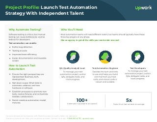 Upwork empowers businesses with ﬂexible access to quality talent, on demand.
See how Upwork can help your business succeed. Contact us today: +1 866.262.4478 | upwork.com.
Project Proﬁle: Launch Test Automation
Strategy With Independent Talent
Why Automate Testing?
Test automation can enable:
●
●
●
●
How to Launch Test
Automation
●
●
●
●
Who You’ll Need
Hire an agency to get all the skills you need under one roof.
QA (Quality Analyst) Lead Test Automation Engineer Test Developers
Automation QA experts on Upwork
100+
Faster than manual tests on average
5x
 