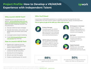 Upwork empowers businesses with ﬂexible access to quality talent, on demand.
See how Upwork can help your business succeed. Contact us today: +1 866.262.4478 | upwork.com.
Project Proﬁle: How to Develop a VR/AR/MR
Experience with Independent Talent
Why Launch AR/VR Tech?
VR/AR/MR aren’t just gimmicks and
games—41% of customers have come to
expect AR experiences from retailers. For
retail and other industries, this tech has
the potential to
● Disrupt traditional sales strategies
● Provide information, instructions and
details when and where users need
them
● Leverage location-based marketing
● Create ROI through efﬁciency and
cost savings (e.g. training)
How to Launch AR/VR Tech
● Explore your customer journey.
Where can an AR experience add
value or reduce friction?
● Create a concept and design the
content for the AR interaction
● Develop the technology/app
● QA and user test thoroughly
● Create a marketing plan for launch
Who You’ll Need
Launching an AR/VR/MR experience is a complex process that requires the close
collaboration of a team of pros. Expect a tight loop between design and development.
Hire an agency to get all the skills you need under one roof.
Product Manager
Translates goals into AR/VR
concept and creates technical
spec document and roadmap
with deadlines, requirements,
and cross-functional teams.
3D Designer or Animator
Designs realistic, 3D
superimposed graphics or
interface. Ensures the UI is
intuitive and engaging.
AR/VR Software Developer
Use AR/VR frameworks like
Unity3D or ARKit to code the
functionality and integrate
databases and device APIs.
QA Tester
Ensures your experience is
intuitive and easy to
understand, and runs
bug-free.
Of mid-market companies are already
experimenting with AR
88%
Of customers are more likely to shop with
retailer who offers an AR experience
50%
Digital Marketer
Markets your new AR/MR
experience to drum up
excitement and downloads.
 