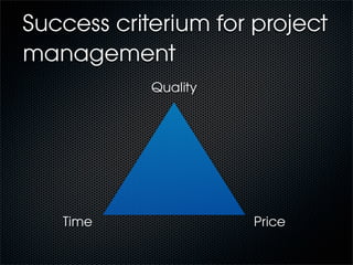 Success criterium for project
management
            Quality




   Time               Price
 