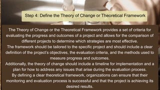 The Theory of Change or the Theoretical Framework provides a set of criteria for
evaluating the progress and outcomes of a project and allows for the comparison of
different projects to determine which strategies are most effective.
The framework should be tailored to the specific project and should include a clear
definition of the project’s objectives, the evaluation criteria, and the methods used to
measure progress and outcomes.
Additionally, the theory of change should include a timeline for implementation and a
plan for how to address any issues that arise during the evaluation process.
By defining a clear theoretical framework, organizations can ensure that their
monitoring and evaluation process is successful and that the project is achieving its
desired results.
Step 4: Define the Theory of Change or Theoretical Framework
 
