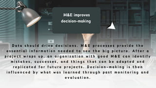 M&E improves
decision-making
D a t a s h o u l d d r i v e d e c i s i o n s . M & E p r o c e s s e s p r o v i d e t h e
e s s e n t i a l i n f o r m a t i o n n e e d e d t o s e e t h e b i g p i c t u r e . A f t e r a
p r o j e c t w r a p s u p , a n o r g a n i z a t i o n w i t h g o o d M & E c a n i d e n t i f y
m i s t a k e s , s u c c e s s e s , a n d t h i n g s t h a t c a n b e a d a p t e d a n d
r e p l i c a t e d f o r f u t u r e p r o j e c t s . D e c i s i o n - m a k i n g i s t h e n
i n f l u e n c e d b y w h a t w a s l e a r n e d t h r o u g h p a s t m o n i t o r i n g a n d
e v a l u a t i o n .
 
