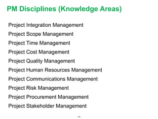 - 10 -
PM Disciplines (Knowledge Areas)
Project Integration Management
Project Scope Management
Project Time Management
Project Cost Management
Project Quality Management
Project Human Resources Management
Project Communications Management
Project Risk Management
Project Procurement Management
Project Stakeholder Management
 