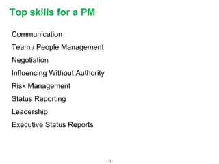 - 13 -
Communication
Team / People Management
Negotiation
Influencing Without Authority
Risk Management
Status Reporting
Leadership
Executive Status Reports
Top skills for a PM
 
