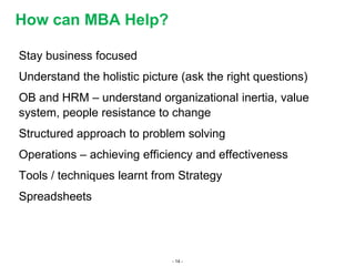 - 14 -
Stay business focused
Understand the holistic picture (ask the right questions)
OB and HRM – understand organizational inertia, value
system, people resistance to change
Structured approach to problem solving
Operations – achieving efficiency and effectiveness
Tools / techniques learnt from Strategy
Spreadsheets
How can MBA Help?
 