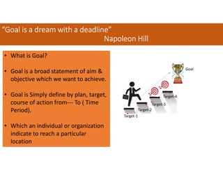 “Goal“Goal“Goal“Goal is a dream with ais a dream with ais a dream with ais a dream with a deadline”deadline”deadline”deadline”
NapoleonNapoleonNapoleonNapoleon HillHillHillHill
• What is Goal?
• Goal is a broad statement of aim &
objective which we want to achieve.
• Goal is Simply define by plan, target,
course of action from--- To ( Time
Period).
• Which an individual or organization
indicate to reach a particular
location
Target-1
Target-2
Target-3
Target-4
Goal
 