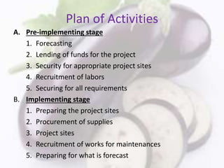 Plan of Activities
A. Pre-implementing stage
1. Forecasting
2. Lending of funds for the project
3. Security for appropriate project sites
4. Recruitment of labors
5. Securing for all requirements
B. Implementing stage
1. Preparing the project sites
2. Procurement of supplies
3. Project sites
4. Recruitment of works for maintenances
5. Preparing for what is forecast
 
