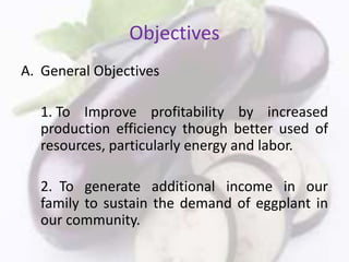 Objectives
A. General Objectives
1. To Improve profitability by increased
production efficiency though better used of
resources, particularly energy and labor.
2. To generate additional income in our
family to sustain the demand of eggplant in
our community.
 