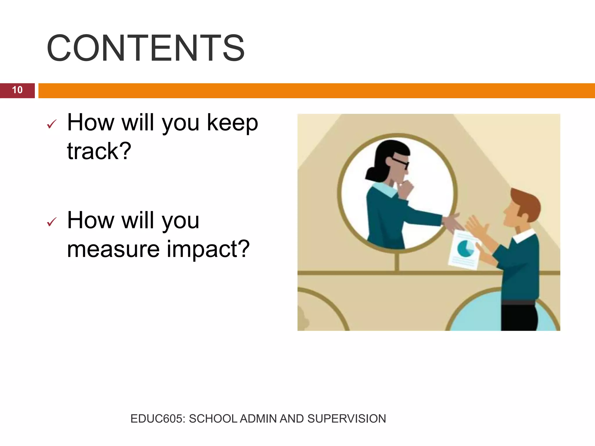 CONTENTS
 How will you keep
track?
 How will you
measure impact?
10
EDUC605: SCHOOL ADMIN AND SUPERVISION
 