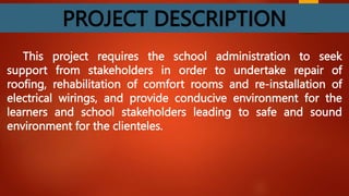 PROJECT DURATION
This project is a whole year activity until the
school facilities will be improved.
 