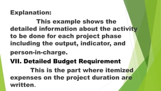 Explanation:
This example shows the
detailed information about the activity
to be done for each project phase
including the output, indicator, and
person-in-charge.
VII. Detailed Budget Requirement
This is the part where itemized
expenses on the project duration are
written.
 