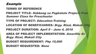 Example
TERMS OF REFERENCE
PROJECT TITLE: Hakbang sa Pagkatuto Project: Free
Summer Class for Preschooler
TYPE OF PROJECT: Education-Training
LOCATION OF BENEFICIARIES: Brgy. Rizal, Makati City
PROJECT DURATION: April 9 – June 4, 2016
AREA OF PROJECT IMPLEMENTATION: Amarilllo St.
Brgy. Rizal, Makati City
BUDGET REQUIREMENT: Php 15,000
BUDGET REQUESTED: None
 