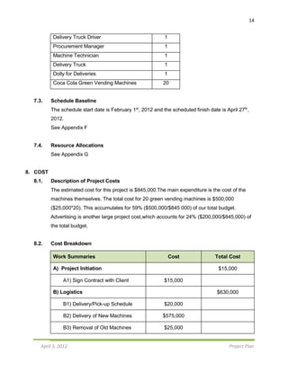 14
April 3, 2012 Project Plan
Delivery Truck Driver 1
Procurement Manager 1
Machine Technician 1
Delivery Truck 1
Dolly for Deliveries 1
Coca Cola Green Vending Machines 20
7.3. Schedule Baseline
The schedule start date is February 1st
, 2012 and the scheduled finish date is April 27th
,
2012.
See Appendix F
7.4. Resource Allocations
See Appendix G
8. COST
8.1. Description of Project Costs
The estimated cost for this project is $845,000.The main expenditure is the cost of the
machines themselves. The total cost for 20 green vending machines is $500,000
($25,000*20). This accumulates for 59% ($500,000/$845 000) of our total budget.
Advertising is another large project cost,which accounts for 24% ($200,000/$845,000) of
the total budget.
8.2. Cost Breakdown
Work Summaries Cost Total Cost
A) Project Initiation $15,000
A1) Sign Contract with Client $15,000
B) Logistics $630,000
B1) Delivery/Pick-up Schedule $20,000
B2) Delivery of New Machines $575,000
B3) Removal of Old Machines $25,000
 