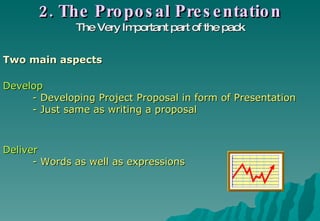 Two main aspects Develop  - Developing Project Proposal in form of Presentation - Just same as writing a proposal Deliver - Words as well as expressions 2. The Proposal Presentation The Very Important part of the pack 