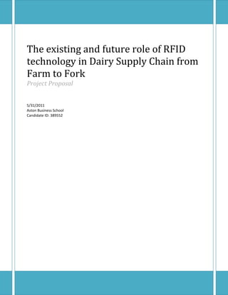 The existing and future role of RFID
technology in Dairy Supply Chain from
Farm to Fork
Project Proposal


5/31/2011
Aston Business School
Candidate ID: 389552
 
