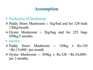 Assumption
 Production of Mushroom:
 Paddy Straw Mushroom :- 1kg/bed and for 120 beds
120kg/month.
 Oyster Mushroom :- 2kg/bag and for 225 bags
450kg/2 months.
 Income :
 Paddy Straw Mushroom :- 120kg x Rs.130
=Rs.15,600/- per month.
 Oyster Mushroom :- 450kg x Rs.120 =Rs.54,000/-
per 2 months.
 