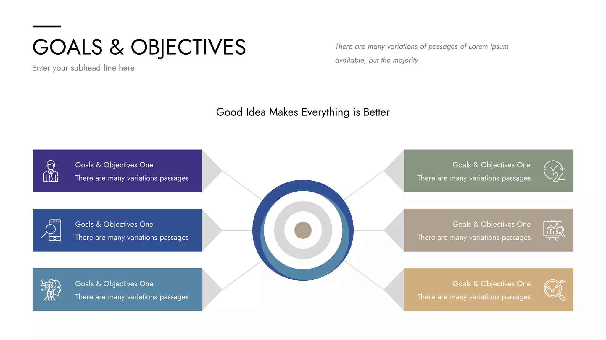 GOALS & OBJECTIVES
Enter your subhead line here
There are many variations of passages of Lorem Ipsum
available, but the majority
Goals & Objectives One
There are many variations passages
Goals & Objectives One
There are many variations passages
Goals & Objectives One
There are many variations passages
Goals & Objectives One
There are many variations passages
Goals & Objectives One
There are many variations passages
Goals & Objectives One
There are many variations passages
Good Idea Makes Everything is Better
 