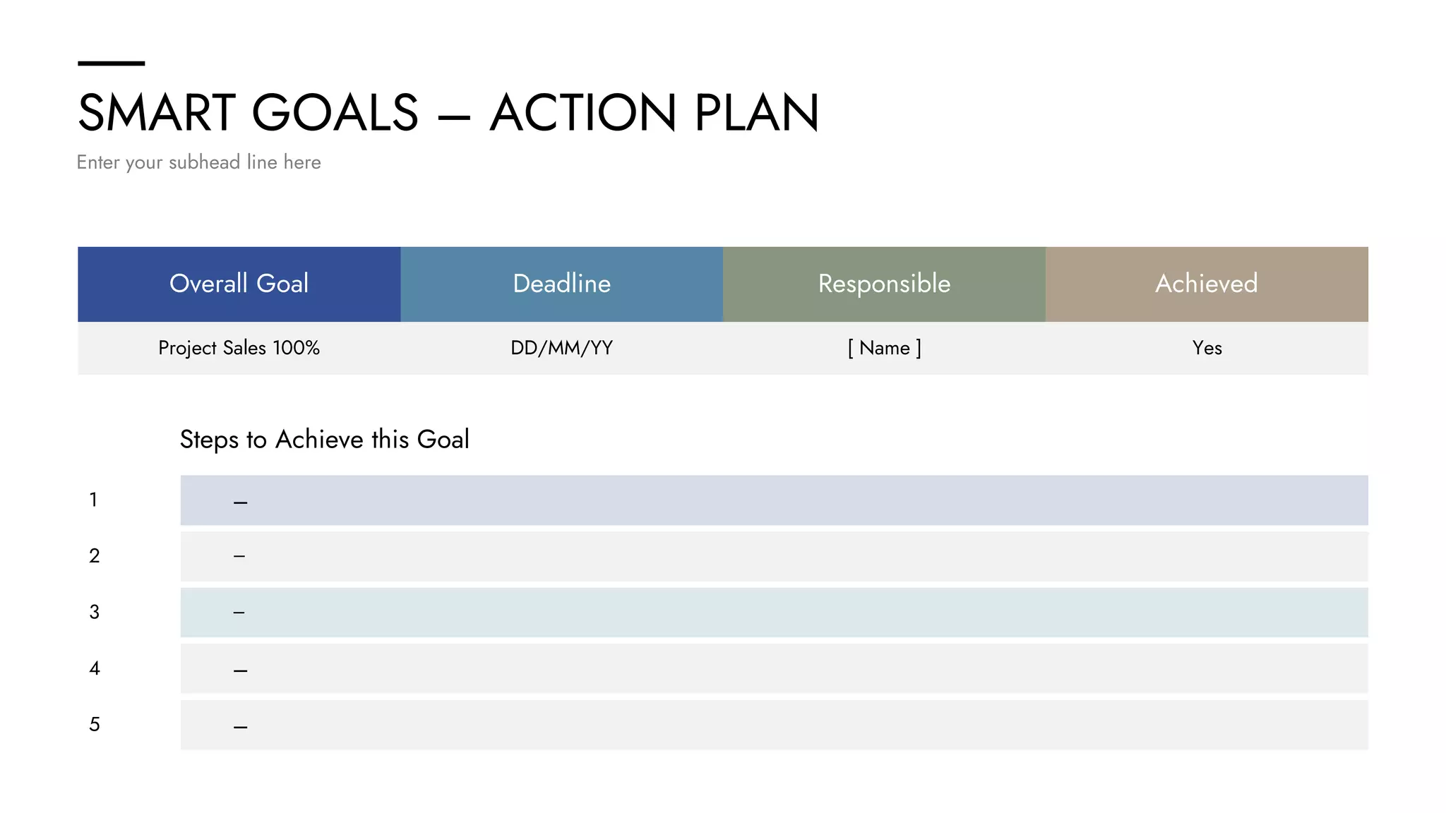 SMART GOALS – ACTION PLAN
Enter your subhead line here
Overall Goal Deadline Responsible Achieved
Project Sales 100% DD/MM/YY [ Name ] Yes
Steps to Achieve this Goal
1
2
3
4
5
–
–
–
–
–
 
