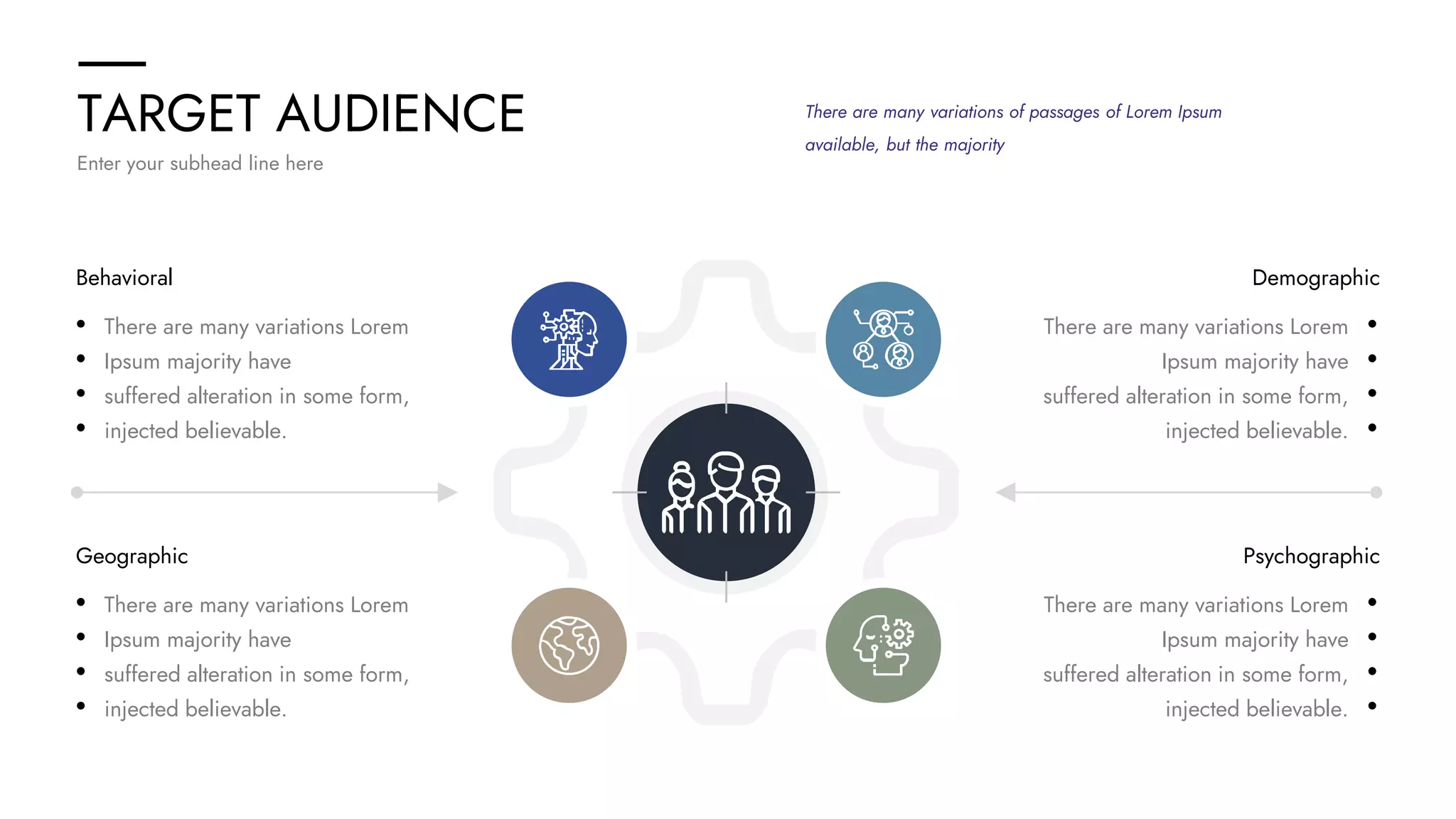 TARGET AUDIENCE
Enter your subhead line here
Behavioral Demographic
There are many variations Lorem
Ipsum majority have
suffered alteration in some form,
injected believable.
There are many variations Lorem
Ipsum majority have
suffered alteration in some form,
injected believable.
Geographic Psychographic
There are many variations Lorem
Ipsum majority have
suffered alteration in some form,
injected believable.
There are many variations Lorem
Ipsum majority have
suffered alteration in some form,
injected believable.
There are many variations of passages of Lorem Ipsum
available, but the majority
 