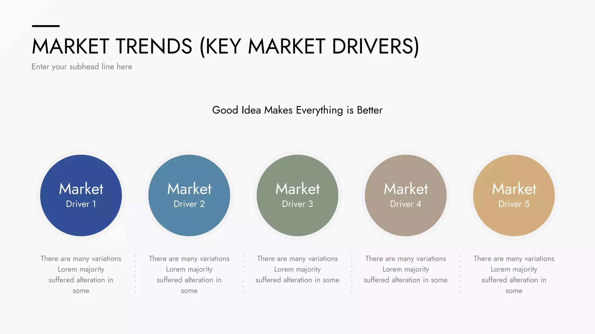 MARKET TRENDS (KEY MARKET DRIVERS)
Enter your subhead line here
Good Idea Makes Everything is Better
There are many variations
Lorem majority
suffered alteration in
some
There are many variations
Lorem majority
suffered alteration in
some
There are many variations
Lorem majority
suffered alteration in some
There are many variations
Lorem majority
suffered alteration in some
There are many variations
Lorem majority
suffered alteration in
some
Market
Driver 1
Market
Driver 2
Market
Driver 3
Market
Driver 4
Market
Driver 5
 