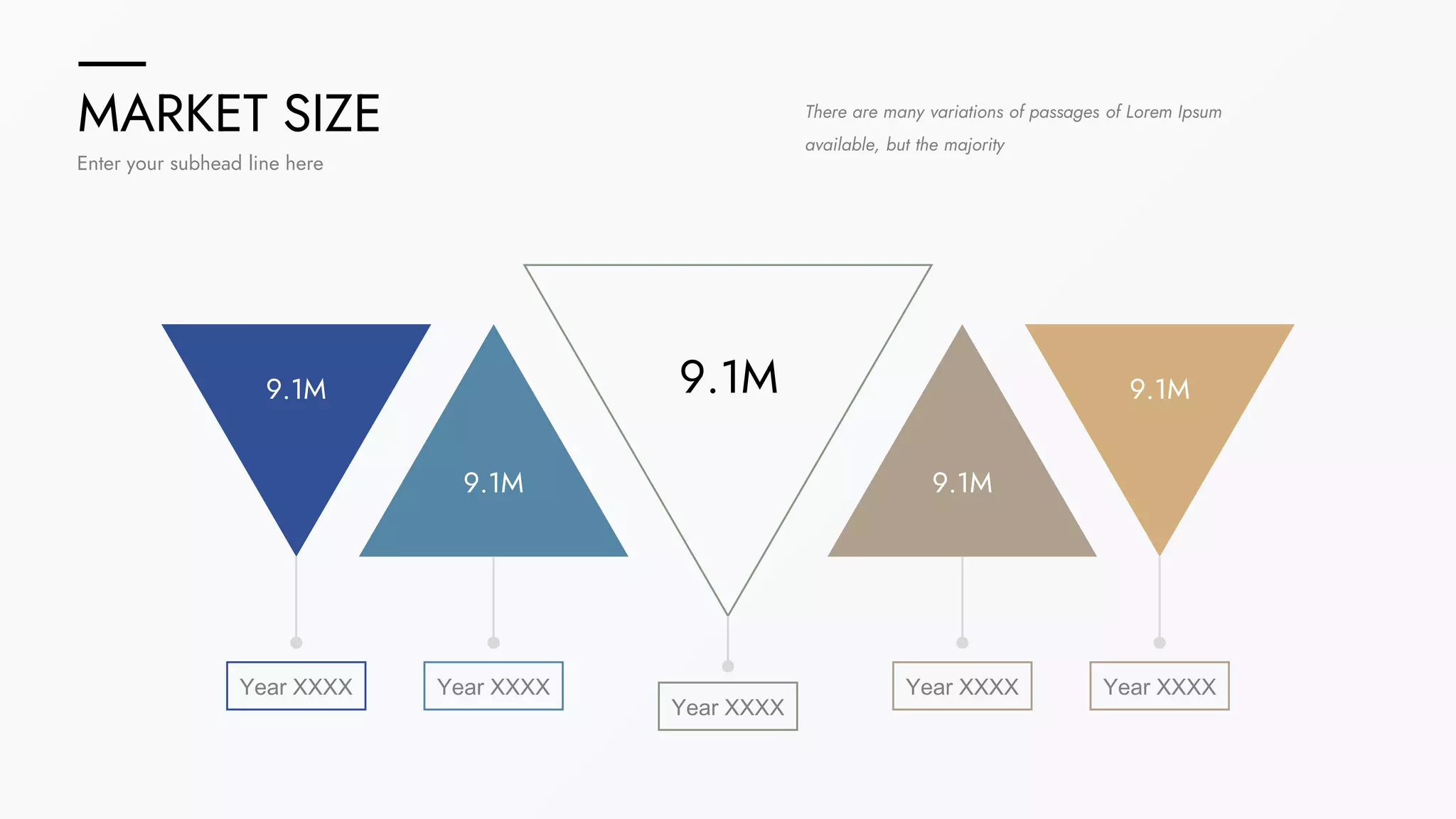 MARKET SIZE
Enter your subhead line here
Year XXXX Year XXXX
Year XXXX
Year XXXX Year XXXX
9.1M 9.1M
9.1M
9.1M
9.1M
There are many variations of passages of Lorem Ipsum
available, but the majority
 