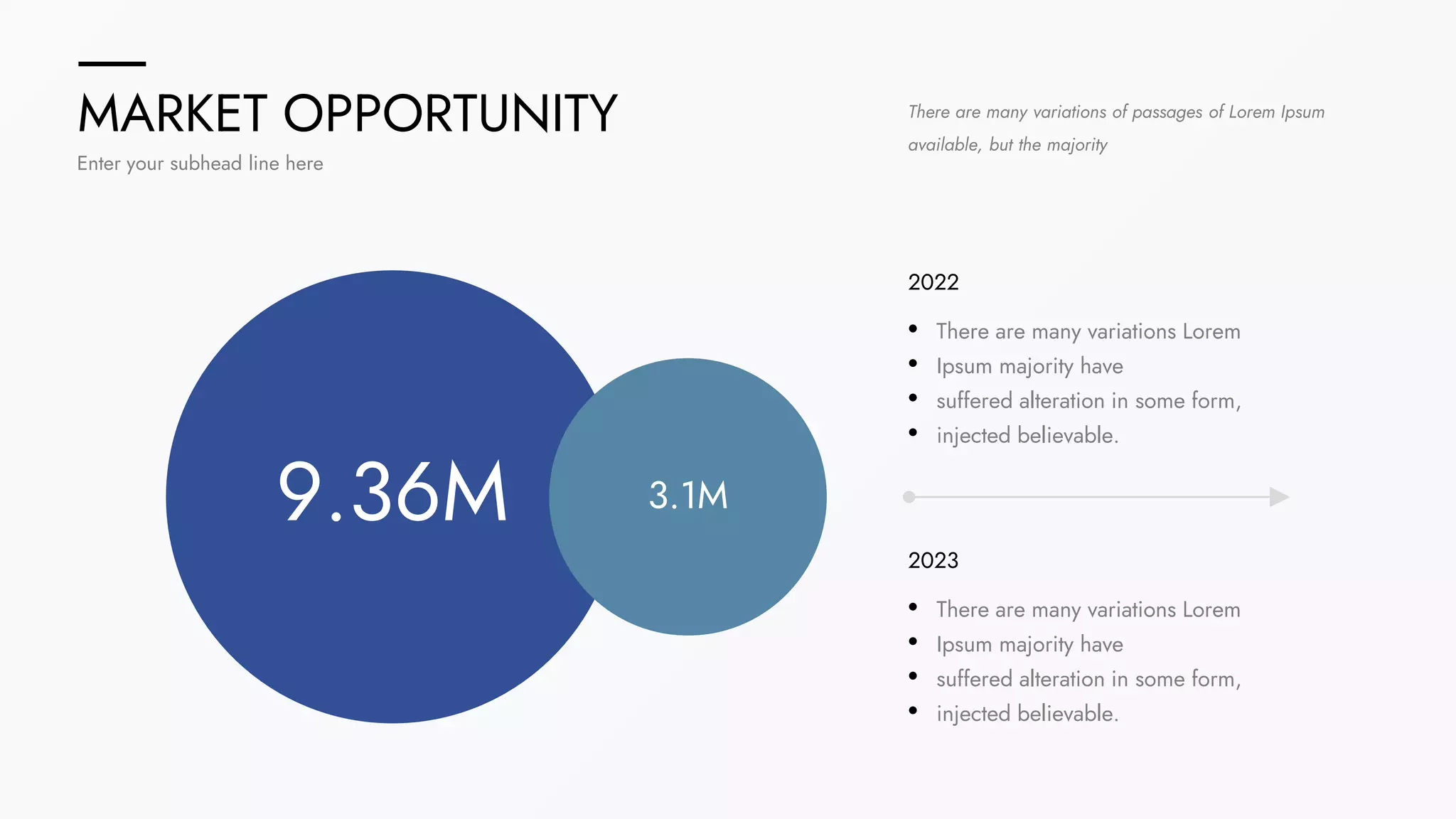 MARKET OPPORTUNITY
Enter your subhead line here
3.1M
9.36M
2022
There are many variations Lorem
Ipsum majority have
suffered alteration in some form,
injected believable.
2023
There are many variations Lorem
Ipsum majority have
suffered alteration in some form,
injected believable.
There are many variations of passages of Lorem Ipsum
available, but the majority
 