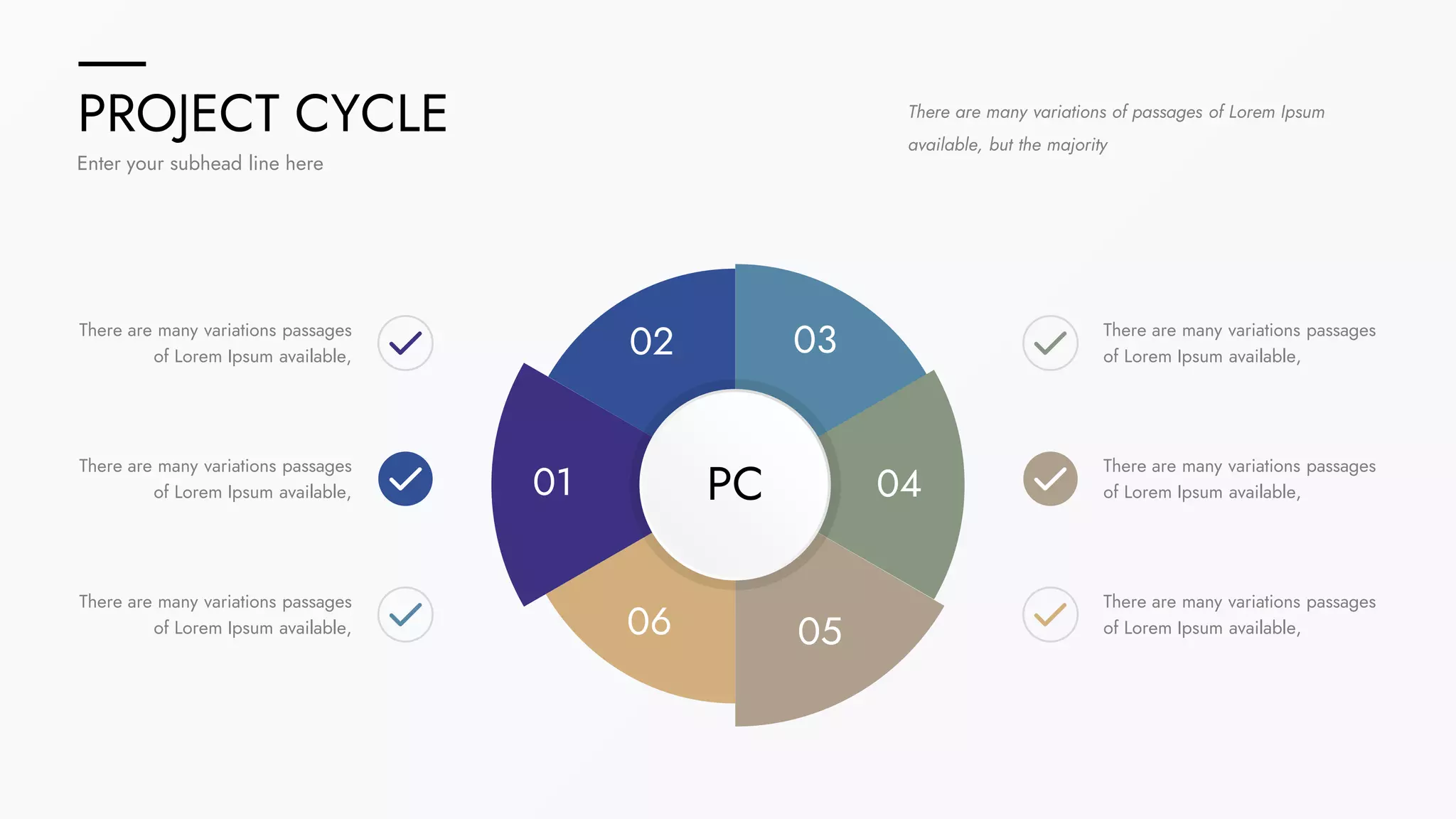 PROJECT CYCLE
Enter your subhead line here
There are many variations of passages of Lorem Ipsum
available, but the majority
PC
01
02 03
06 05
04
There are many variations passages
of Lorem Ipsum available,
There are many variations passages
of Lorem Ipsum available,
There are many variations passages
of Lorem Ipsum available,
There are many variations passages
of Lorem Ipsum available,
There are many variations passages
of Lorem Ipsum available,
There are many variations passages
of Lorem Ipsum available,
 