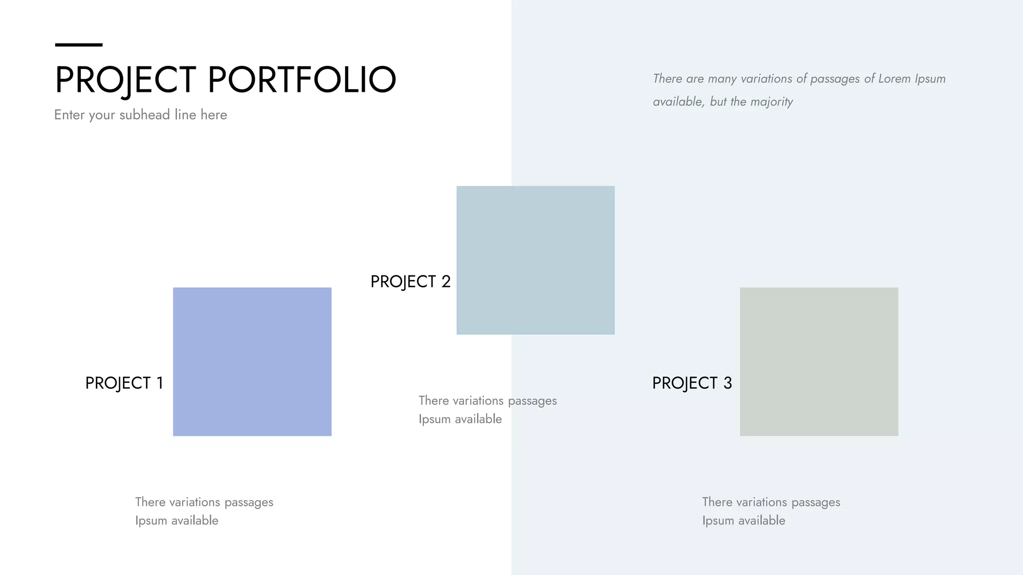 There are many variations of passages of Lorem Ipsum
available, but the majority
PROJECT PORTFOLIO
Enter your subhead line here
There variations passages
Ipsum available
There variations passages
Ipsum available
There variations passages
Ipsum available
PROJECT 1 PROJECT 3
PROJECT 2
 