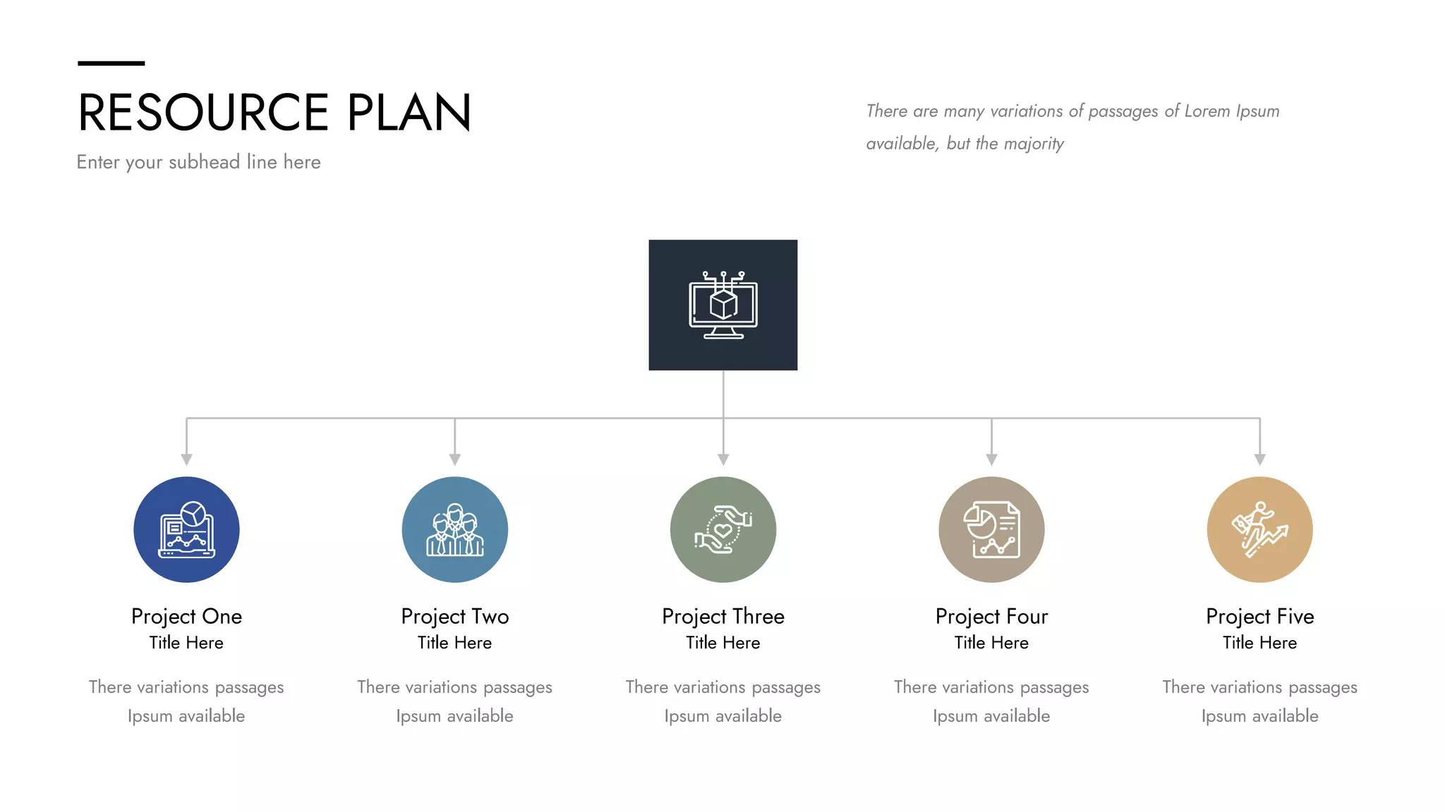 RESOURCE PLAN
Enter your subhead line here
There are many variations of passages of Lorem Ipsum
available, but the majority
Project One
Title Here
Project Two
Title Here
Project Three
Title Here
Project Four
Title Here
Project Five
Title Here
There variations passages
Ipsum available
There variations passages
Ipsum available
There variations passages
Ipsum available
There variations passages
Ipsum available
There variations passages
Ipsum available
 