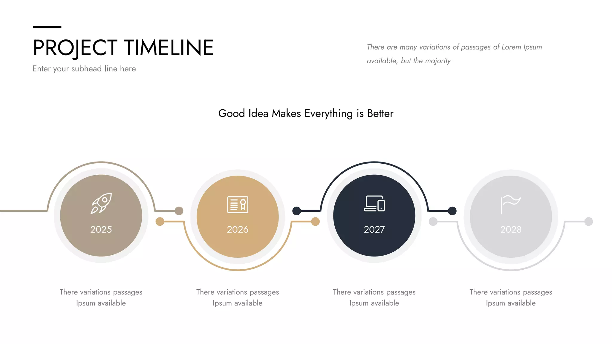 PROJECT TIMELINE
Enter your subhead line here
There are many variations of passages of Lorem Ipsum
available, but the majority
2025 2026 2027 2028
Good Idea Makes Everything is Better
There variations passages
Ipsum available
There variations passages
Ipsum available
There variations passages
Ipsum available
There variations passages
Ipsum available
 