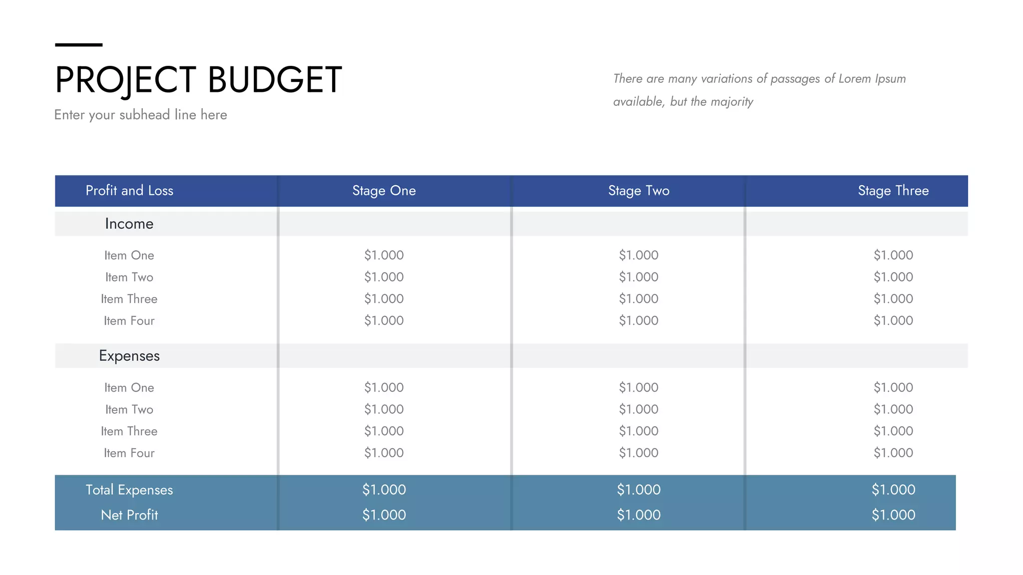 PROJECT BUDGET
Enter your subhead line here
There are many variations of passages of Lorem Ipsum
available, but the majority
Expenses
Item One $1.000 $1.000 $1.000
Item Two $1.000 $1.000 $1.000
Item Three $1.000 $1.000 $1.000
Item Four $1.000 $1.000 $1.000
Total Expenses $1.000 $1.000 $1.000
Net Profit $1.000 $1.000 $1.000
Profit and Loss Stage Three
Stage One Stage Two
Income
Item One $1.000 $1.000 $1.000
Item Two $1.000 $1.000 $1.000
Item Three $1.000 $1.000 $1.000
Item Four $1.000 $1.000 $1.000
 