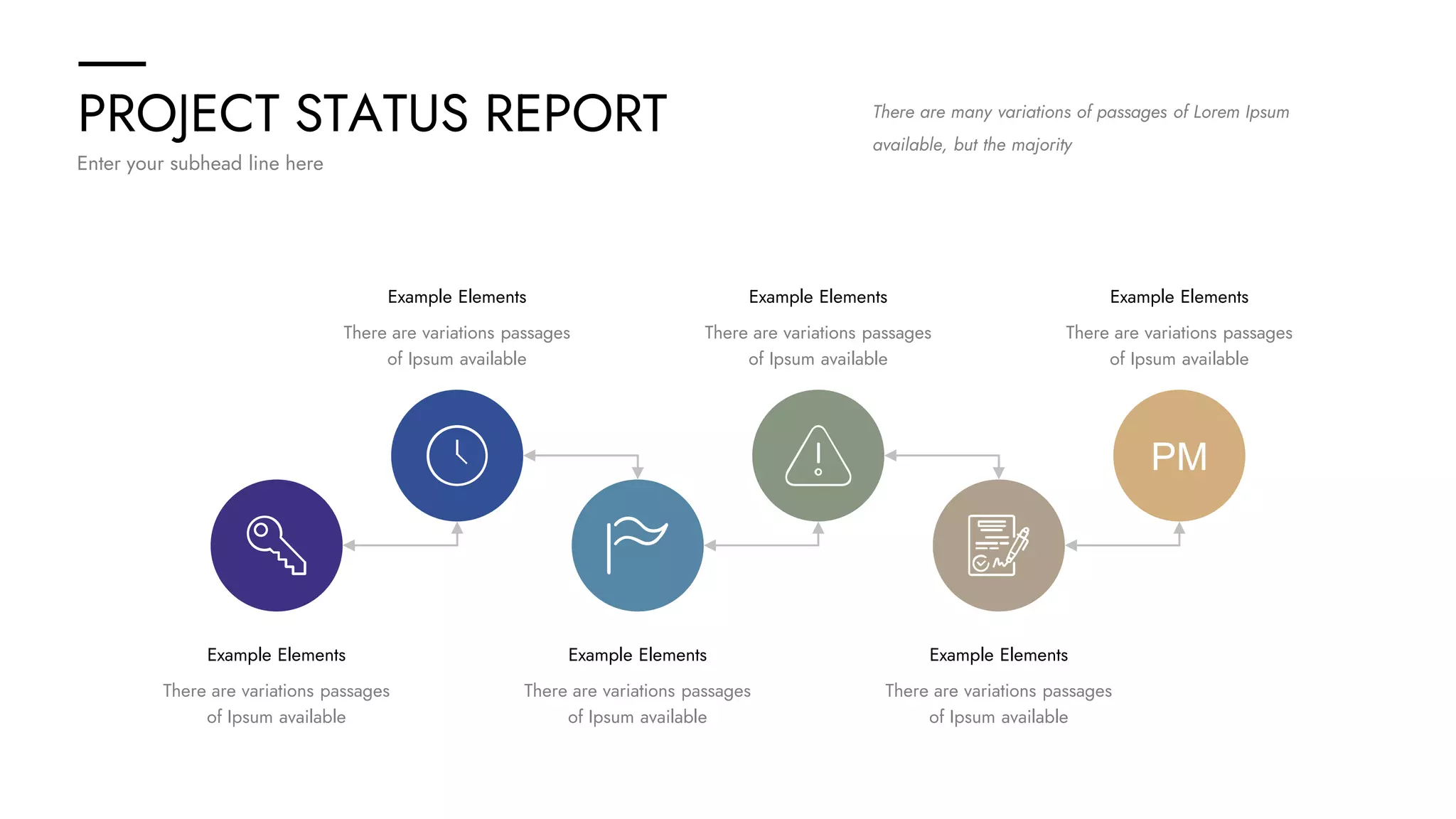 PROJECT STATUS REPORT
Enter your subhead line here
There are many variations of passages of Lorem Ipsum
available, but the majority
PM
There are variations passages
of Ipsum available
Example Elements
There are variations passages
of Ipsum available
Example Elements
There are variations passages
of Ipsum available
Example Elements
There are variations passages
of Ipsum available
Example Elements
There are variations passages
of Ipsum available
Example Elements
There are variations passages
of Ipsum available
Example Elements
 